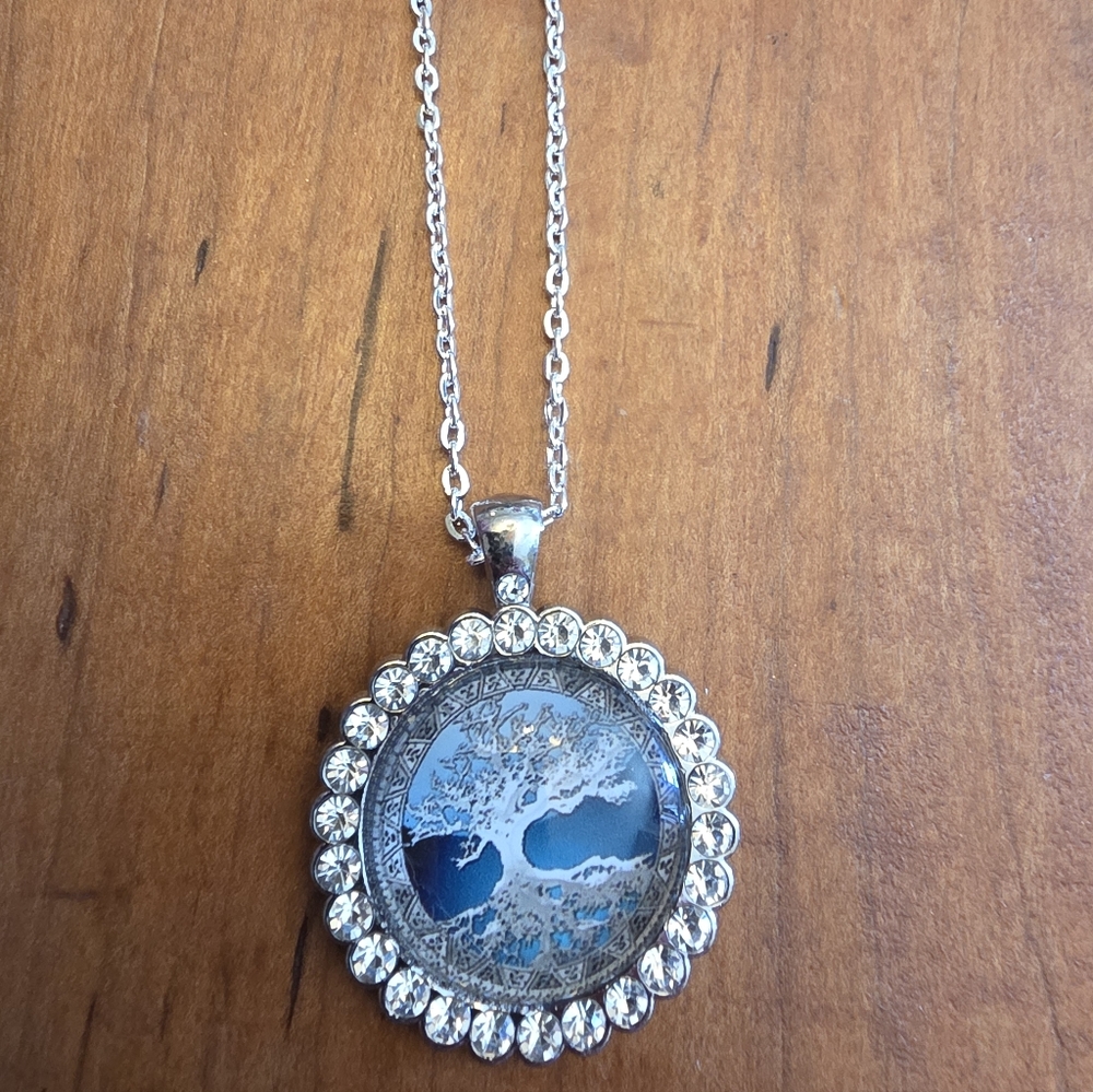 Silver Tone Rhinestone Bezel With Tree Of Life - 22" Adjustable Chain Necklace